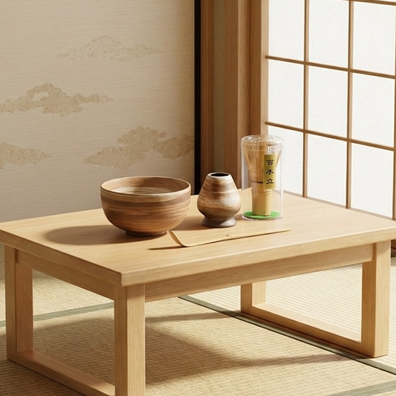 Traditional matcha set tea ceremonial with brown pottery bowl and bamboo whisk on low table near shoji