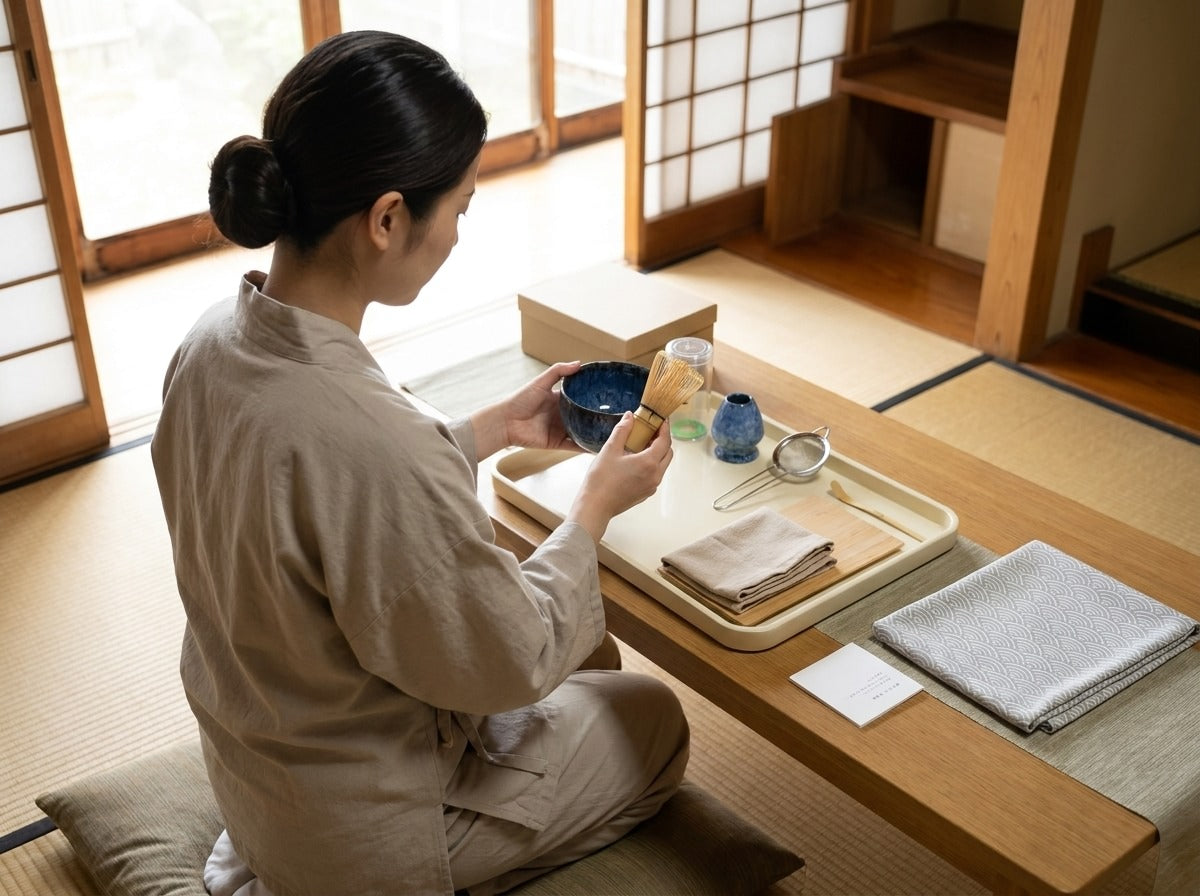 Artisan holding a blue speckled matcha bowl with bamboo whisk from the set, sifter and whisk holder on tray, tatami room table near sliding shoji doors