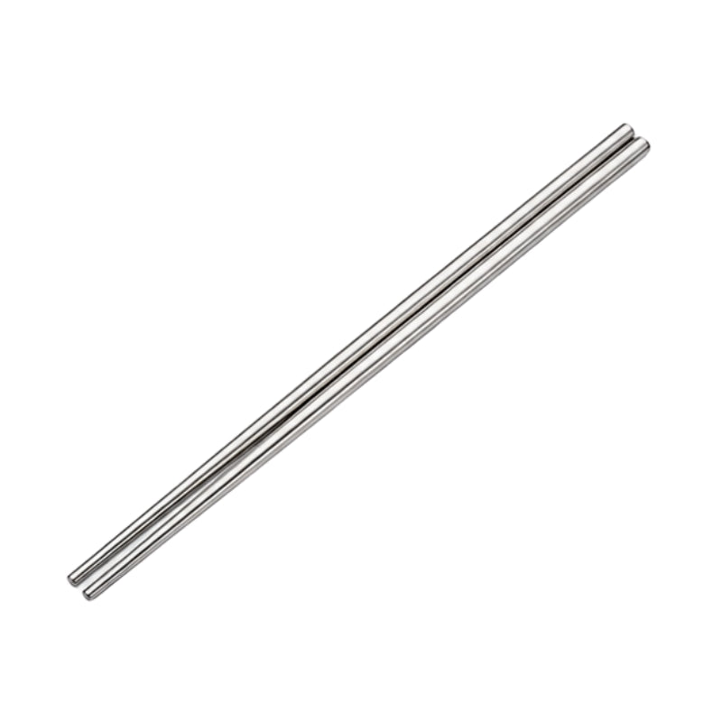 Single pair of stainless steel metal chopsticks with polished finish displayed on white background