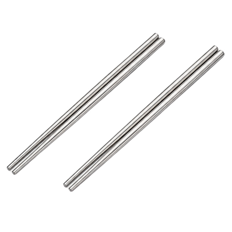 Two pairs of metal chopsticks in brushed stainless steel displayed side by side on white background