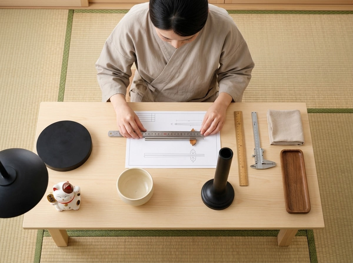 Overhead view of a woman in kimono measuring traditional metal chopsticks with leaf-shaped rests against technical blueprints on a tatami worktable with precision tools