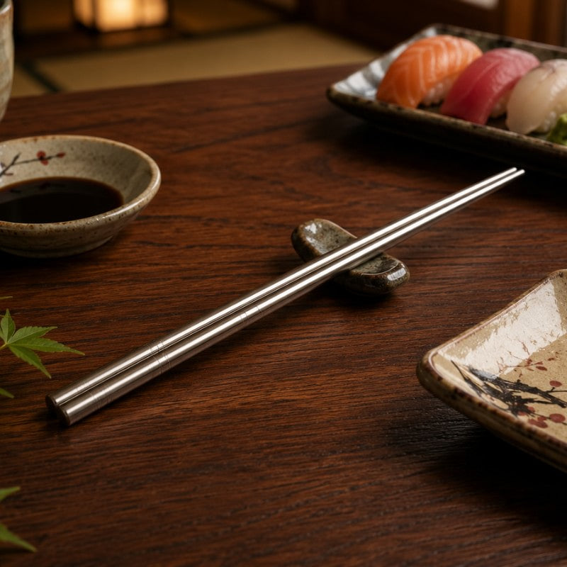Single pair of metal chopsticks resting on a stone holder over a dark wooden table with sushi and soy sauce in the background
