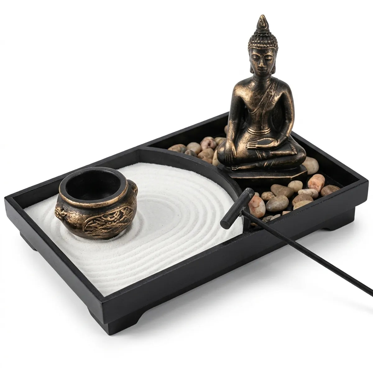 The dark wood zen garden tray with its sand, pebbles, Buddha statue, carved pot and rake, shown alone on a plain white background.