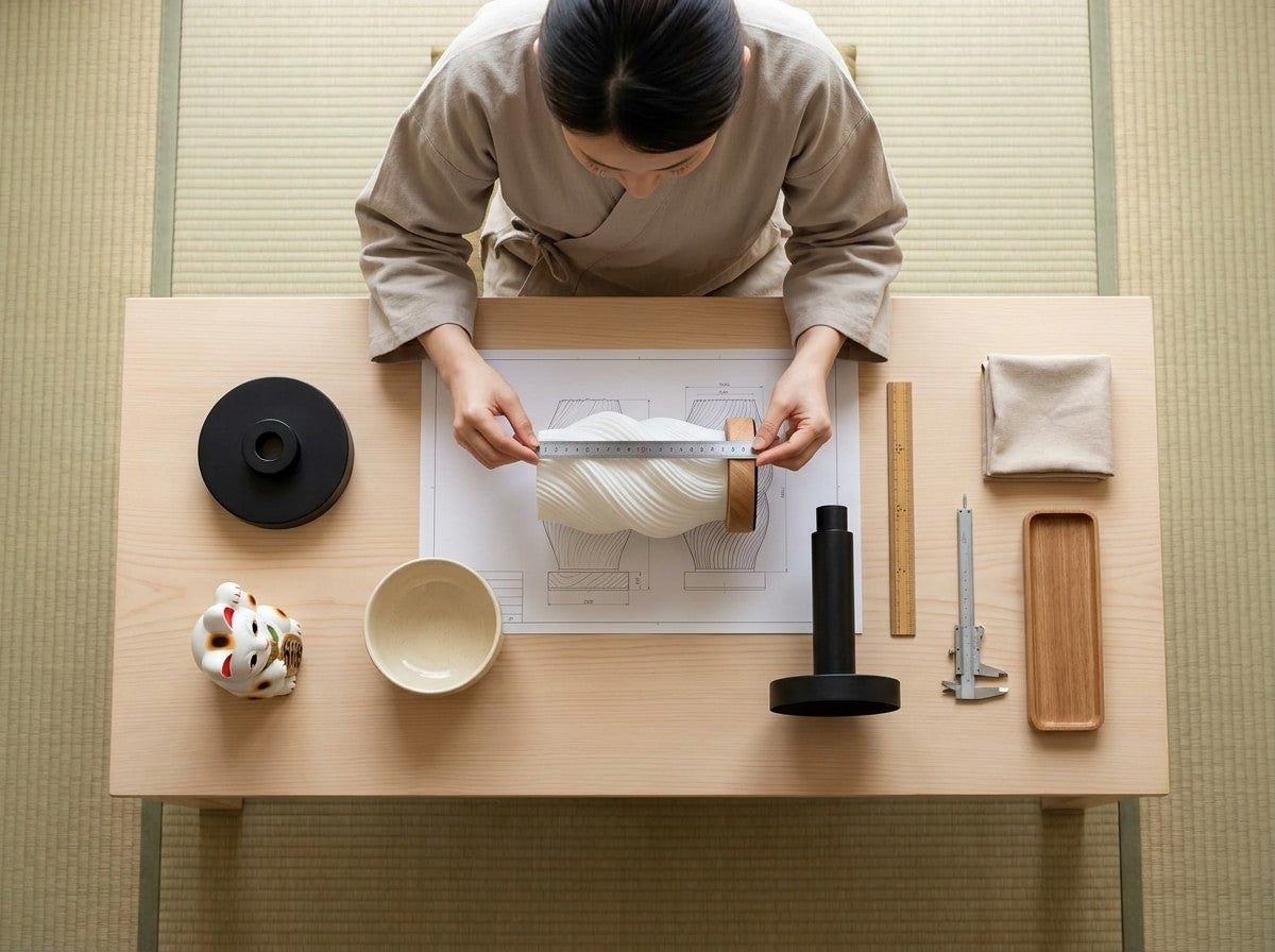 Overhead workshop shot measuring a modern Japanese table lamp with sculptural pleated white shade and black wooden base on a scale blueprint, maneki neko figurine nearby