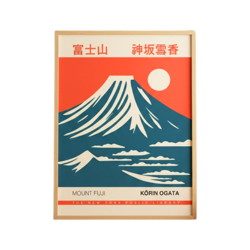 Mont fuji print canva poster with snow capped peak against red sunset sky and Japanese calligraphy in natural wood frame