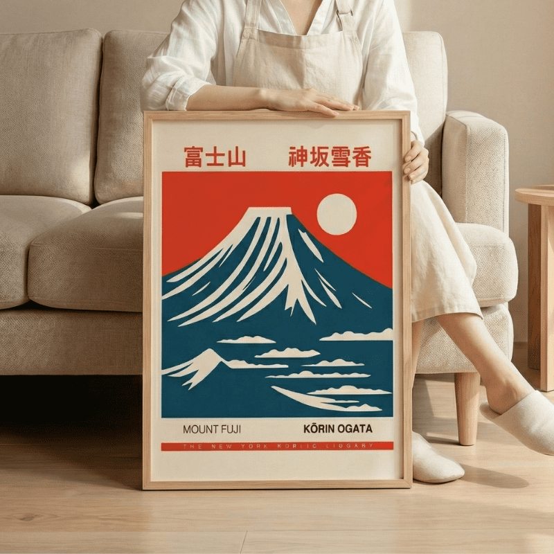 Person holding large framed mont fuji print poster featuring iconic mountain silhouette with red sky in contemporary living space