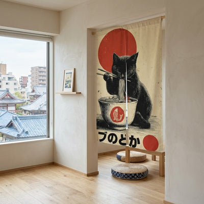 Noren curtain door with vintage black cat ramen illustration red sun and kanji text hanging in minimalist Japanese room with low table floor cushions and city rooftop view