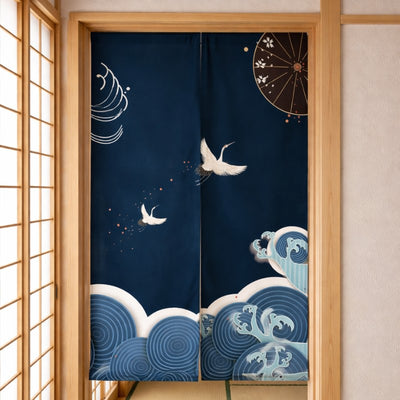 Elegant noren curtain japan with navy background two flying cranes rolling ocean waves and decorative wagasa umbrella hanging in traditional tatami room framed by shoji sliding panels and bamboo lattice