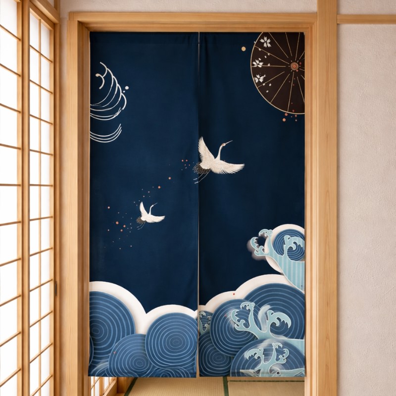 Elegant noren curtain japan with navy background two flying cranes rolling ocean waves and decorative wagasa umbrella hanging in traditional tatami room framed by shoji sliding panels and bamboo lattice
