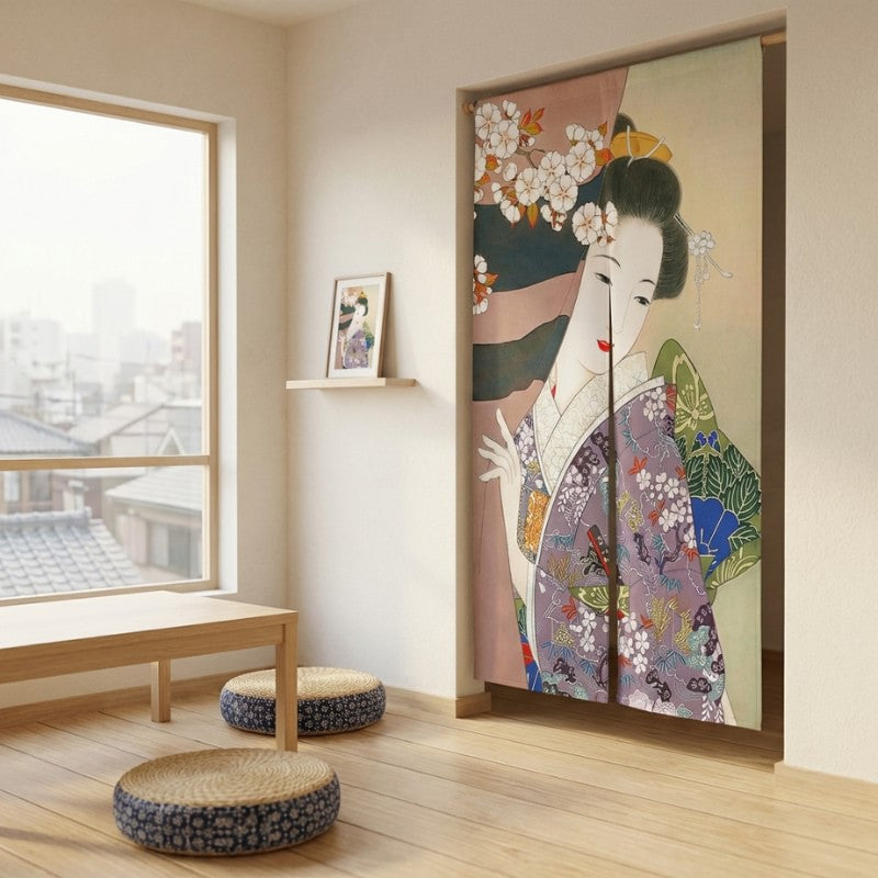 Japanese noren curtain, geisha and sakura ukiyo-e print – Japanese