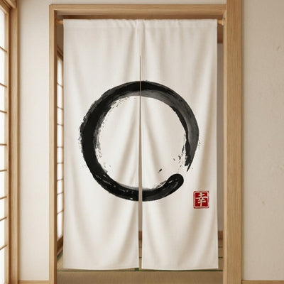 Noren curtain linen with bold black Enso circle installed in traditional Japanese room with shoji sliding doors