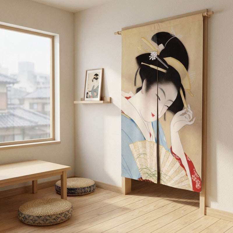 Noren curtain long geisha Utamaro portrait with folding fan in minimalist room with low wooden table and woven cushions