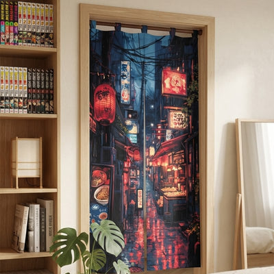Noren curtains town featuring atmospheric Tokyo rainy night alley with red lanterns neon restaurant signs and wet reflective pavement displayed in modern bedroom doorway with manga bookshelf