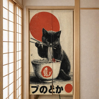 Authentic noren door curtain with black cat chopsticks ramen bowl red sun and katakana text displayed in traditional tatami room with light wood shoji screen panels