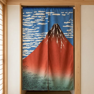 Noren doorway curtain with Red Fuji Hokusai print hanging in authentic Japanese room with shoji sliding doors