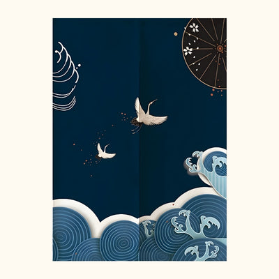 Minimalist noren japan curtain featuring navy fabric with two white flying cranes stylized ocean waves and sakura wagasa umbrella on clean white background