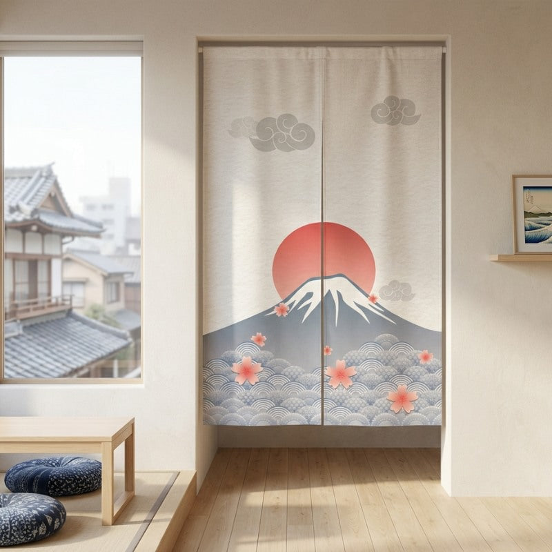 Noren japanese curtain white featuring Mount Fuji red sun cherry blossoms and cloud motifs displayed in Japanese room doorway with traditional rooftop view and Ukiyo-e art print on shelf