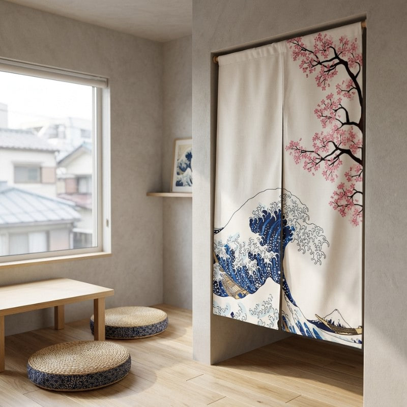 Noren japanese curtains with bold Hokusai Great Wave and pink cherry blossom tree displayed in Japanese room doorway with low table floor cushions and city rooftop view through window