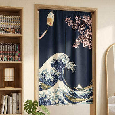 Noren japanese door curtain great wave with Hokusai Great Wave Mount Fuji cherry blossom and furin wind chime hanging in modern bedroom doorway with manga bookshelf and round mirror