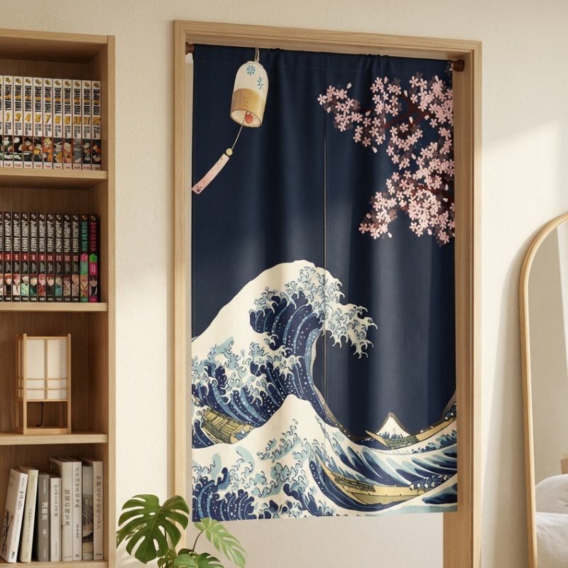 Noren japanese door curtain great wave with Hokusai Great Wave Mount Fuji cherry blossom and furin wind chime hanging in modern bedroom doorway with manga bookshelf and round mirror