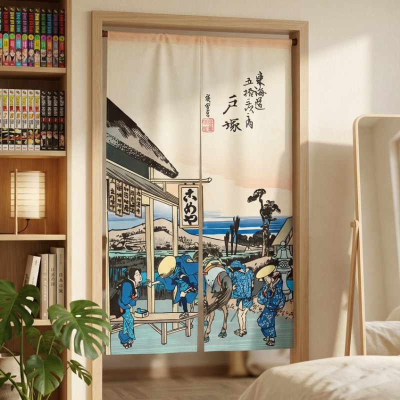 Noren japanese door curtain street Hiroshige scene hanging in bright modern bedroom with manga bookshelf and monstera plant