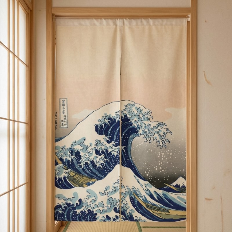 Authentic noren japanese door curtain with Hokusai Great Wave boats and kanji cartouche hanging in traditional tatami room doorway framed by light wood shoji sliding panels