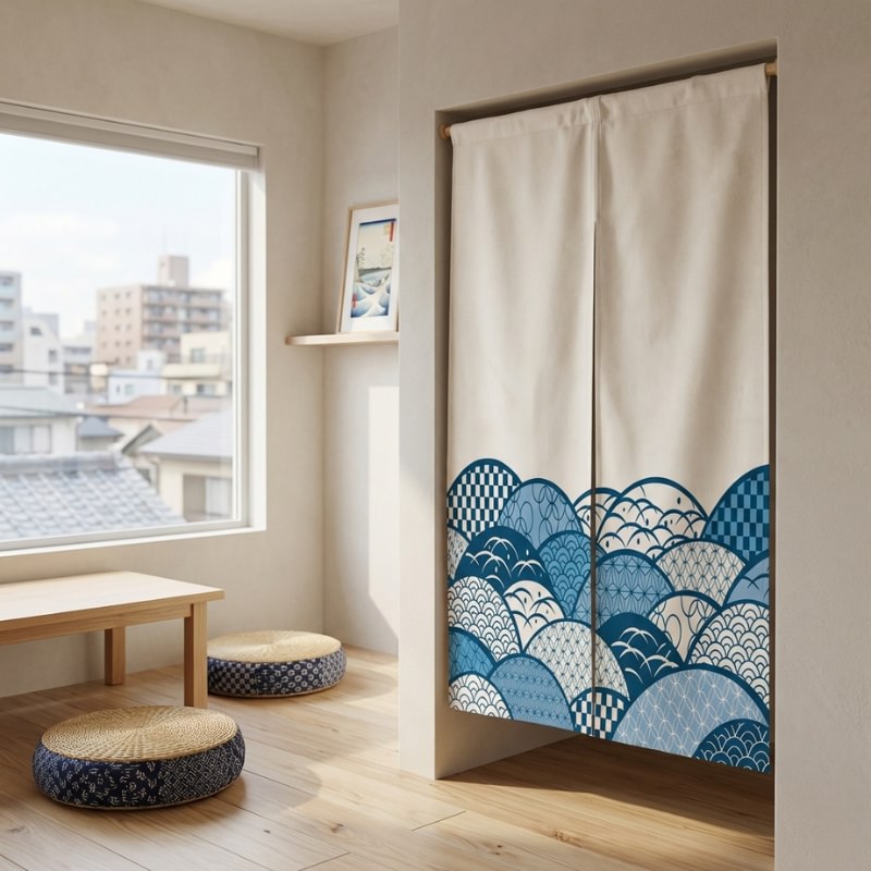 Noren japanese doorway curtain with bold blue seigaiha wave pattern displayed in minimalist Japanese room with wooden low table floor cushions and Ukiyo-e print on shelf