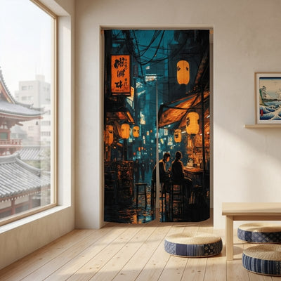 Noren japanese doorway with immersive Tokyo night alley golden lanterns orange kanji sign and izakaya bar scene displayed in minimalist Japanese room with floor cushions and Kyoto temple view
