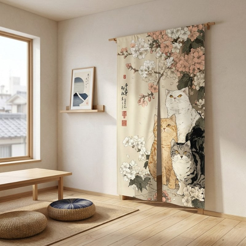 Full-length noren japanese cat curtain with three cats and pink cherry blossoms displayed on wall rod in minimalist Japanese interior with floor cushions and wooden low table