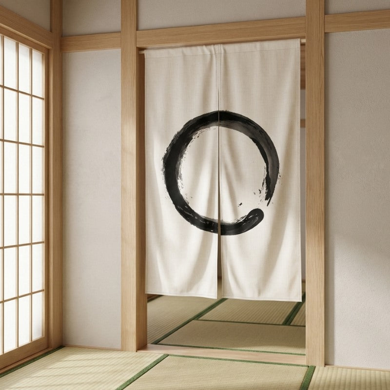Noren linen curtain Enso zen circle in authentic tatami room with shoji screens and natural wood frame