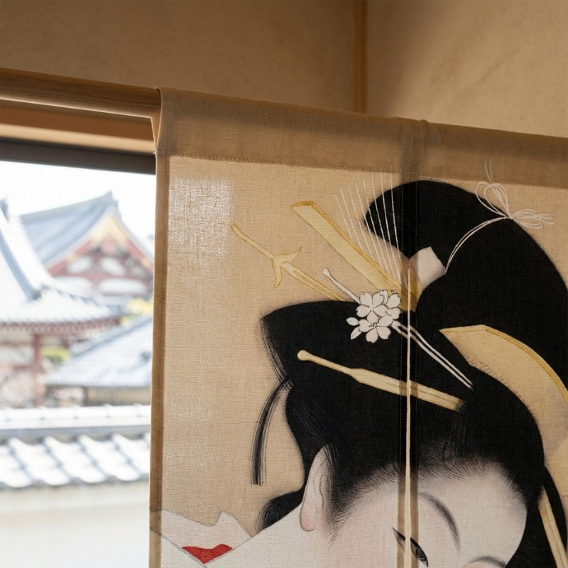 Noren long curtain geisha Utamaro close up with decorative hair pins near window overlooking traditional Japanese temple rooftops