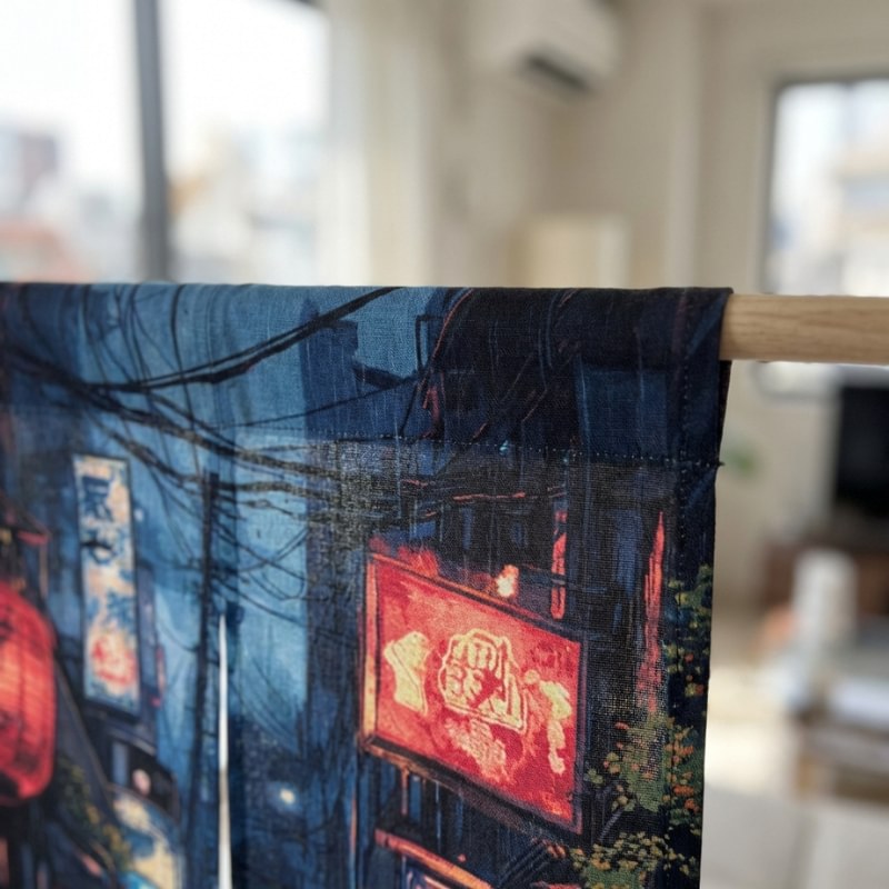 Close-up of noren town curtains texture showing Tokyo night alley red lantern and glowing neon signs printed on linen fabric mounted on wooden rod in bright modern interior