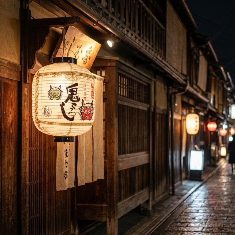 Glowing oni japanese lantern outdoor with vibrant demon masks and calligraphy illuminating historic wooden street entrance at night with ambient warm lighting