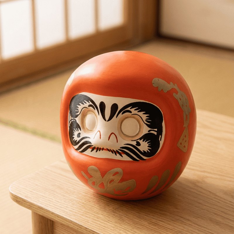 Bright orange daruma in Japanese tradition sitting on minimalist wooden shelf with natural lighting from traditional shoji windows creating shadows