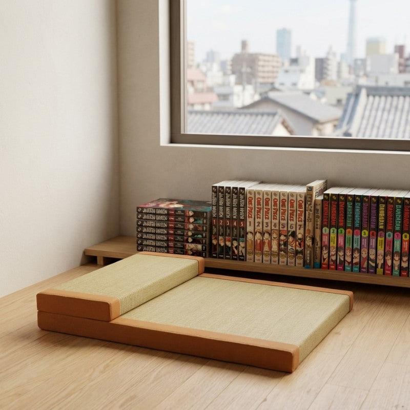 Orange floor cushion japanese with backrest near window overlooking urban rooftops and bookshelf with manga collection