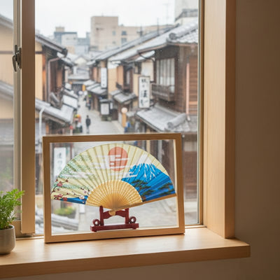 Beautiful paper fan japanese displayed in wooden frame box on window sill with snowy Kyoto street view featuring Mount Fuji landscape design