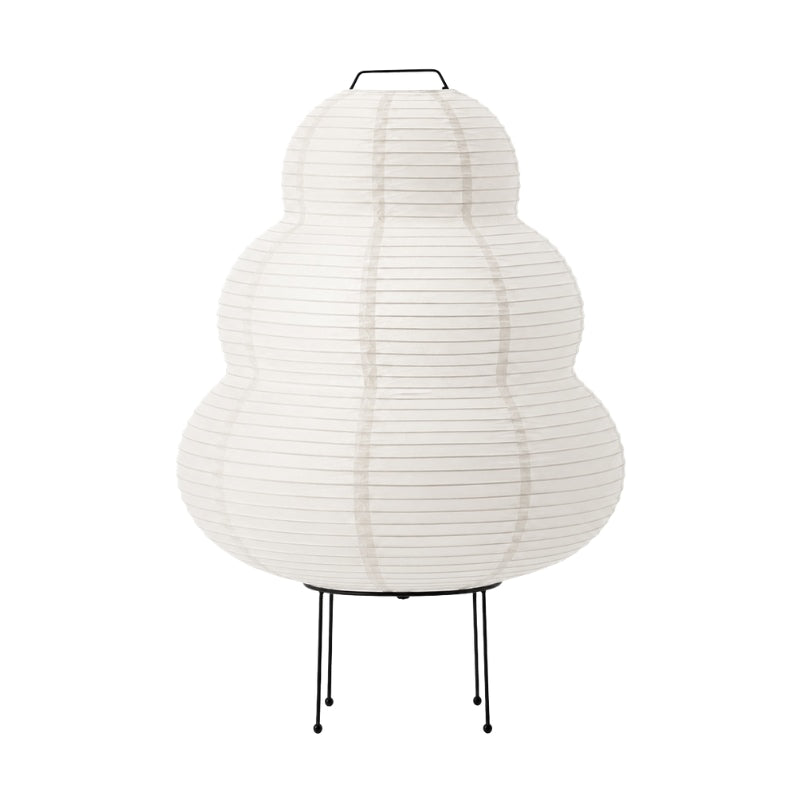 Paper japanese floor lamp with ribbed washi rice paper gourd shaped shade on black wire tripod base on white background