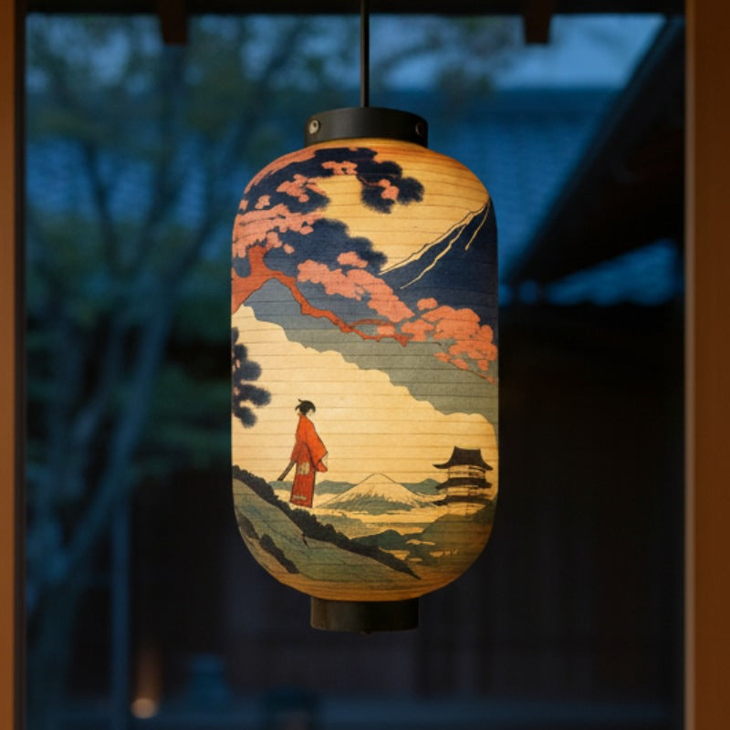 Glowing paper lamp japanese with sunset landscape artwork hanging near window overlooking serene garden at twilight