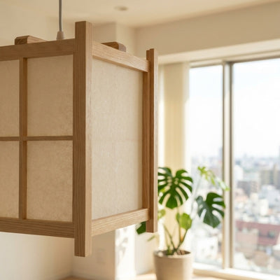 Classic paper pendant japanese light close up showing natural wood frame and translucent rice paper construction