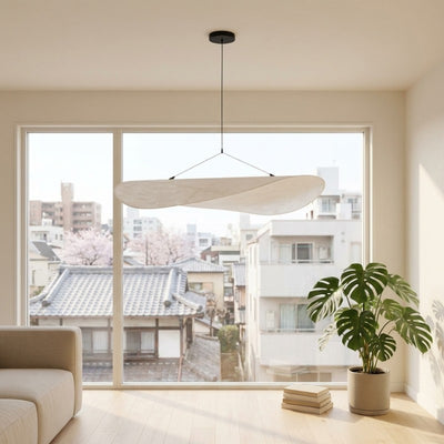 Contemporary pendant japandi lamp with natural wood waves hanging in modern living room with urban skyline view