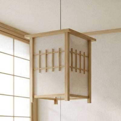Authentic pendant lamp japanese lantern with wood lattice design hanging near traditional shoji screen