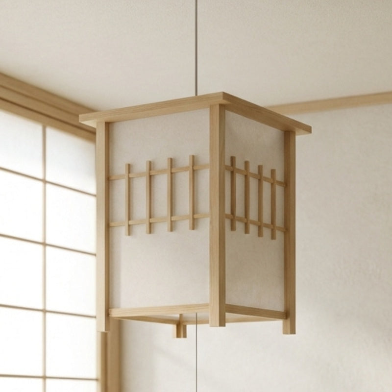 Authentic pendant lamp japanese lantern with wood lattice design hanging near traditional shoji screen