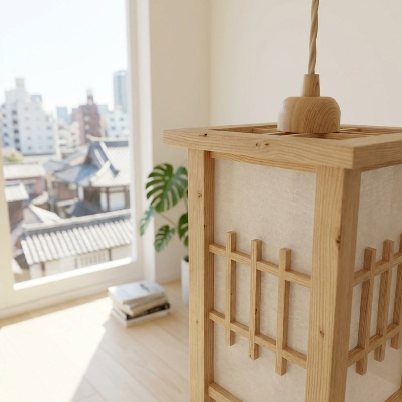 Close up of pendant lamp shoji japanese lantern with natural wood grain near window overlooking temple rooftops