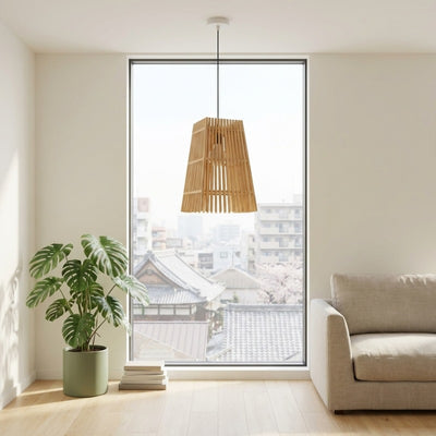 Pendant light Japanese fixture bamboo cone shade in bright living room with floor-to-ceiling windows and traditional temple rooftops