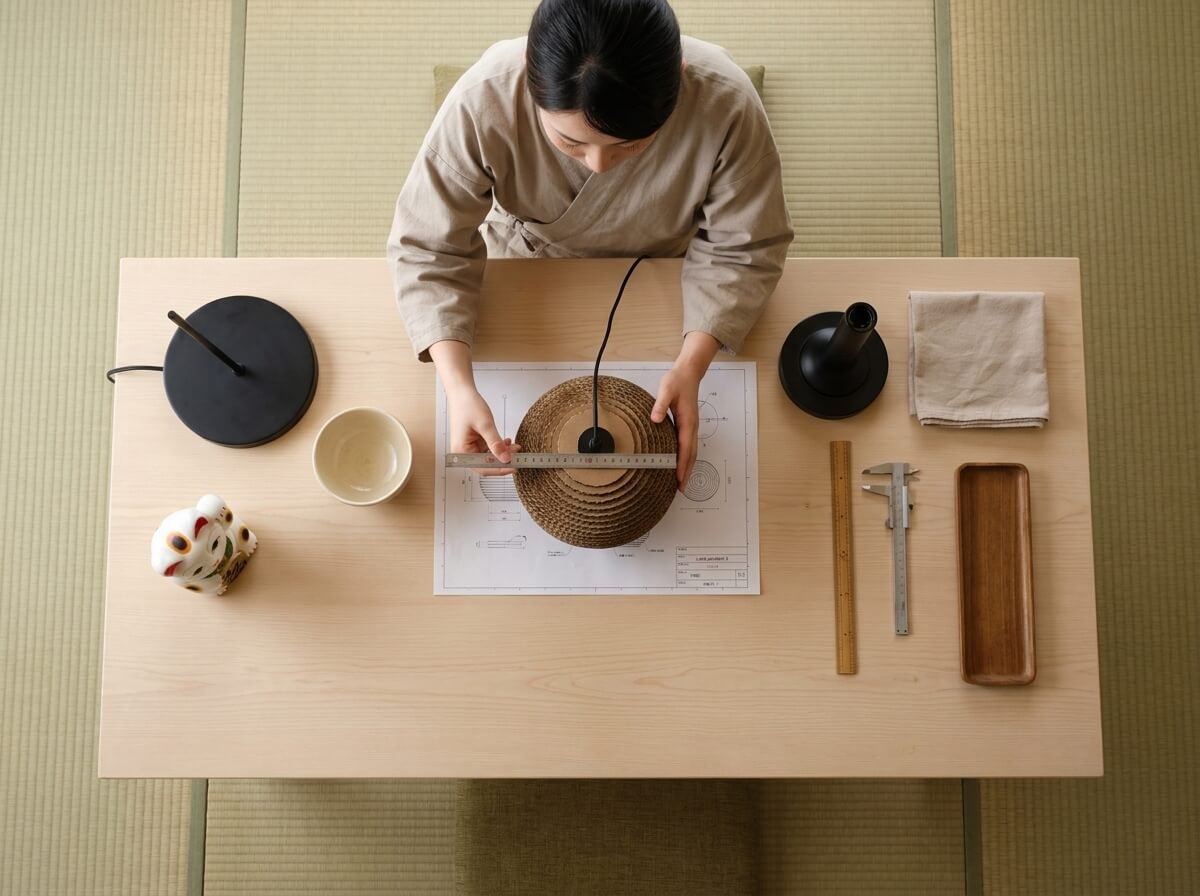 Woman measuring a round woven rattan pendant light in japanese style against its technical blueprint, ruler in hand, with black lamp base, ceramic bowl, and maneki neko figurine on a tatami room table