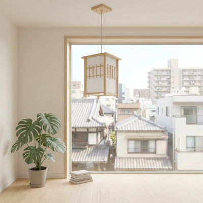 Elegant pendant shoji lamp japanese style hanging in modern room with panoramic view of traditional neighborhood