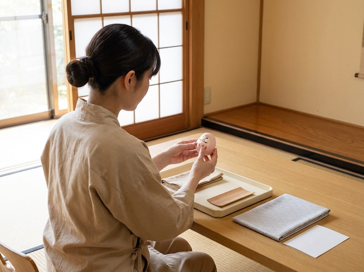Artisan examining a very small pink daruma doll between her fingers, delicate painted face, tatami room with folded cloths and lacquer tray by a sunlit shoji screen