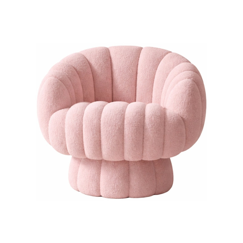 Sculptural pink japanese modern sofa with deep channel-tufted bouclé upholstery and rounded mushroom silhouette displayed on clean white background