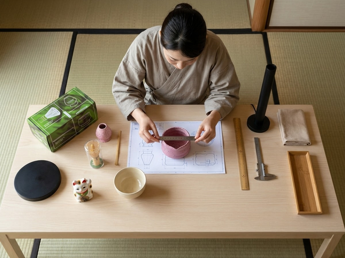 Overhead view of a woman in kimono measuring a pink ceramic bowl from a matcha gift set against technical blueprints on a tatami room worktable