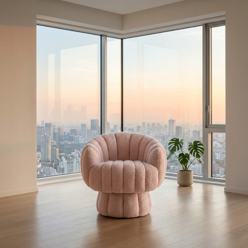 Pink modern sofa Japanese style in bouclé fabric positioned in a bright corner with floor to ceiling windows and a Tokyo skyline at sunset, monstera plant nearby